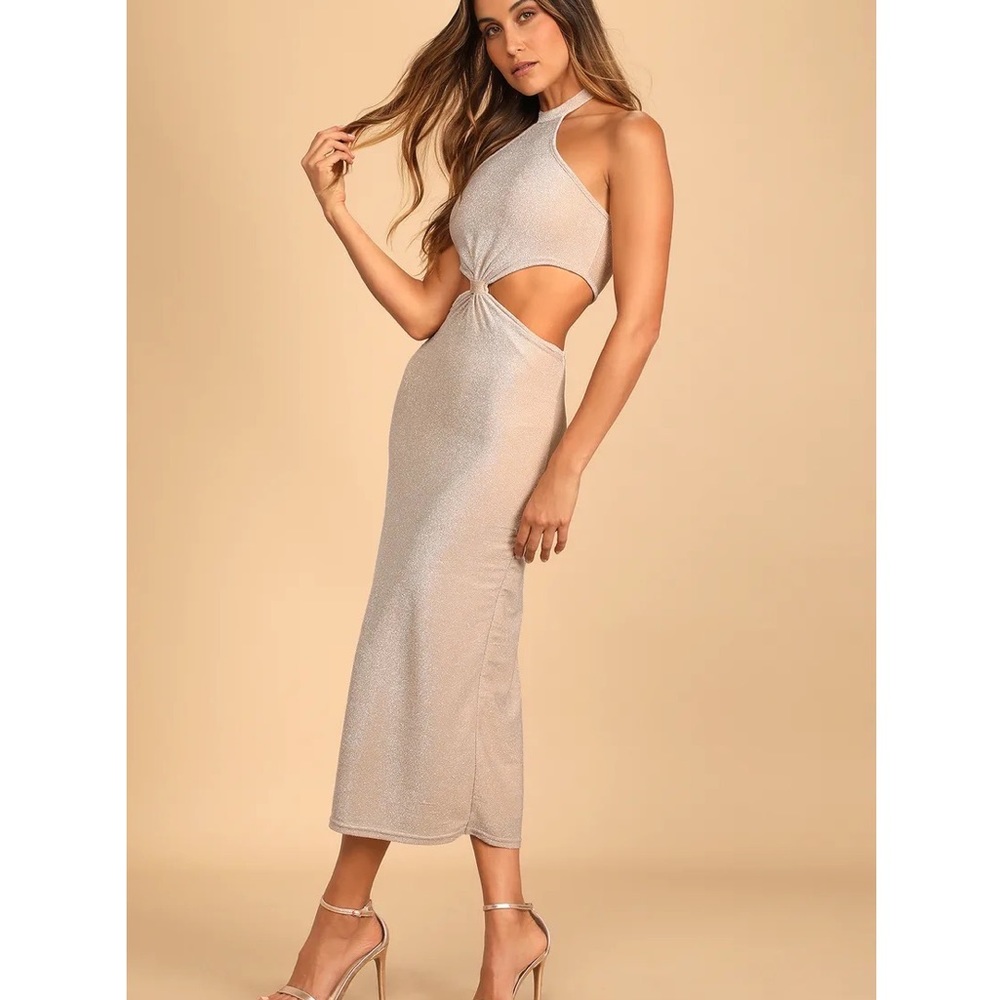 Lulus Glitter and Glam Sparkly Cream Cutout Halter Midi Dress